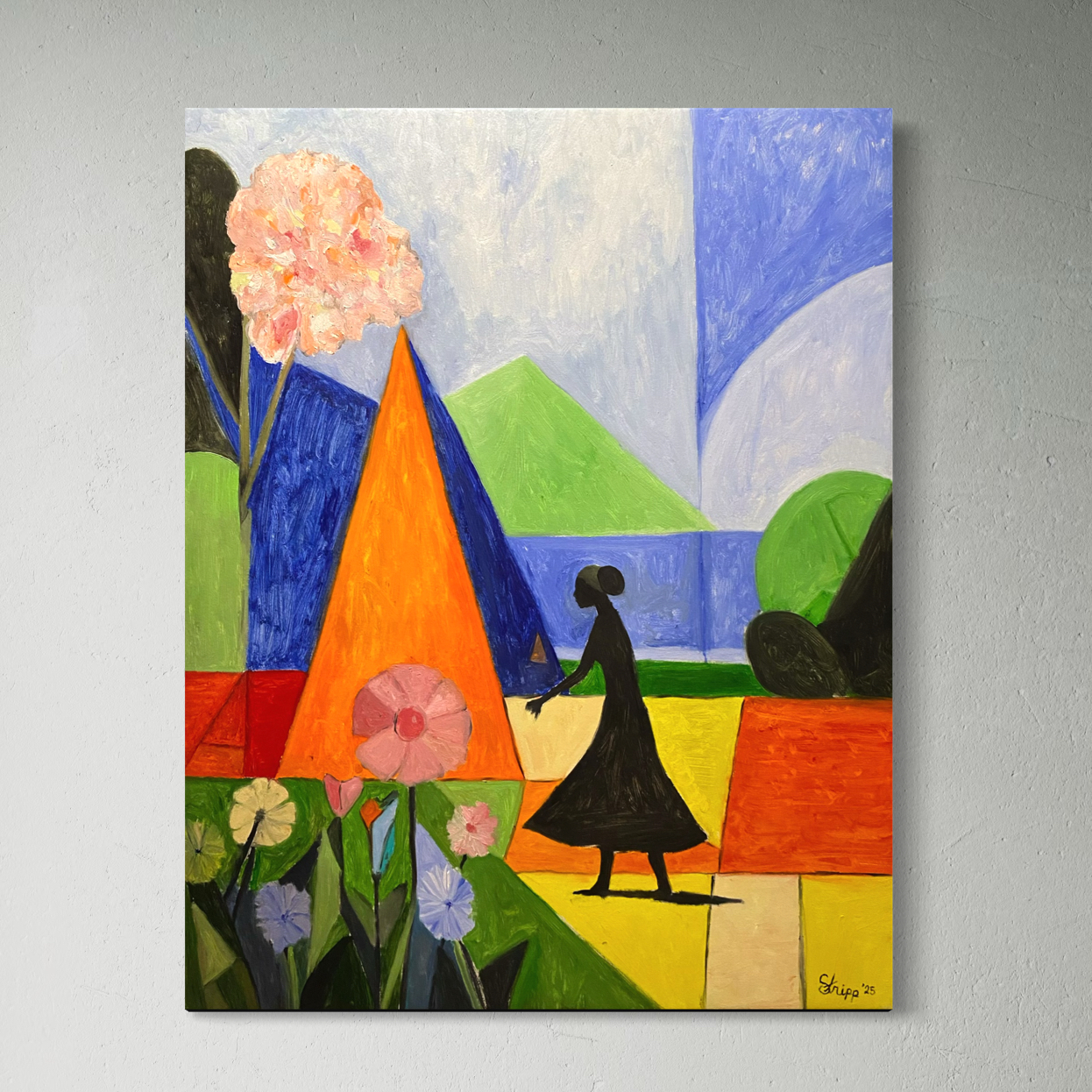 A Walk Through The Countryside - landscape oil painting of a figure walking through an area with mountains and flowers by the sea, created by Canadian artist Luke Edward Stripp