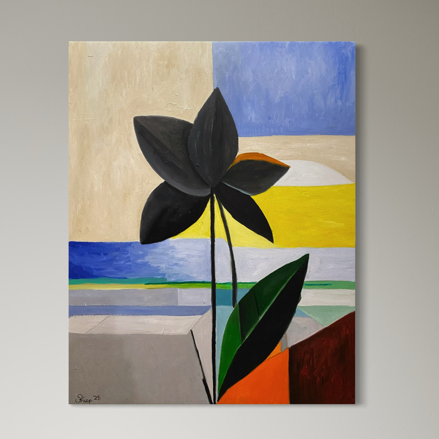 Geometric oil painting of a Black Orchid by Luke Edward Stripp.