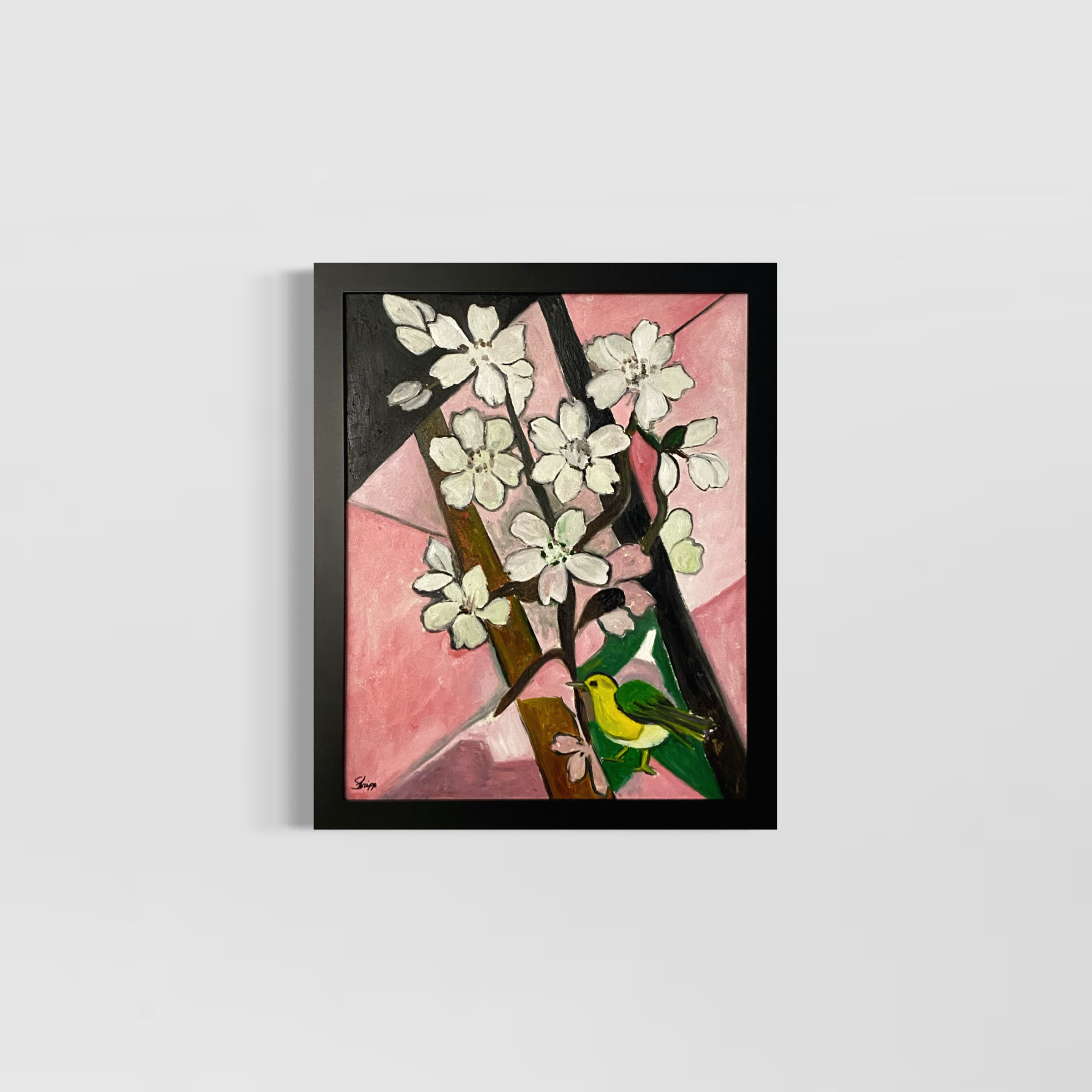 Contemporary painting of a cherry blossom flower and a bird by Luke Edward Stripp