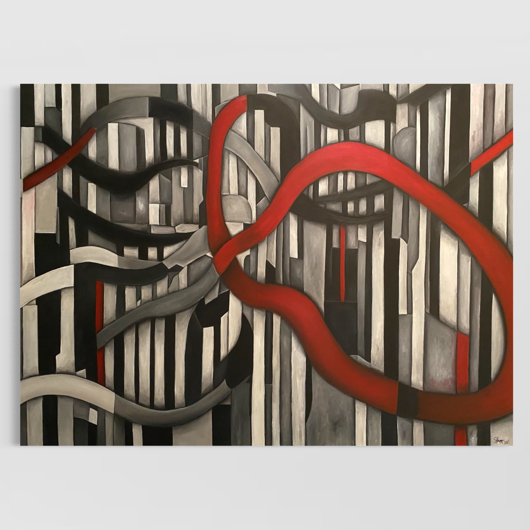 Geometric oil painting titled 'Coming to Life' by Luke Edward Stripp.