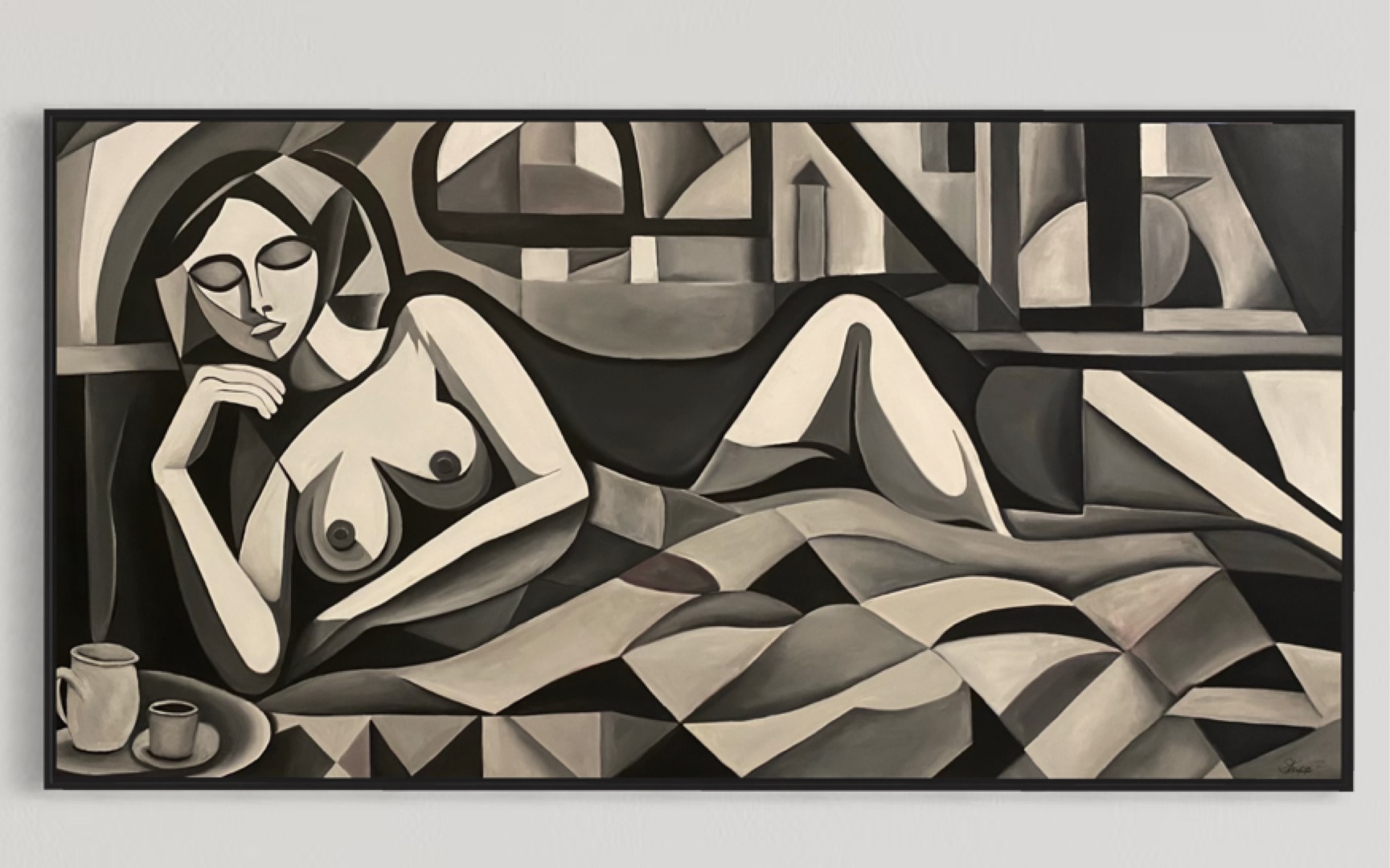 Dynamic figurative artwork featuring a woman laying nude in bed. Titled 'Girl in Bed (My Darling)' by Luke Edward Stripp.