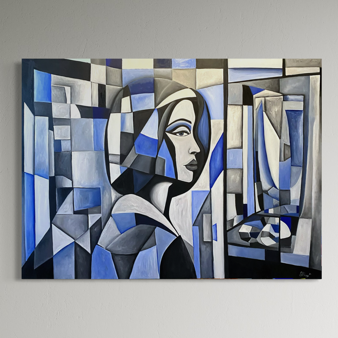 Geometric oil painting titled 'Displaced' by Luke Edward Stripp.
