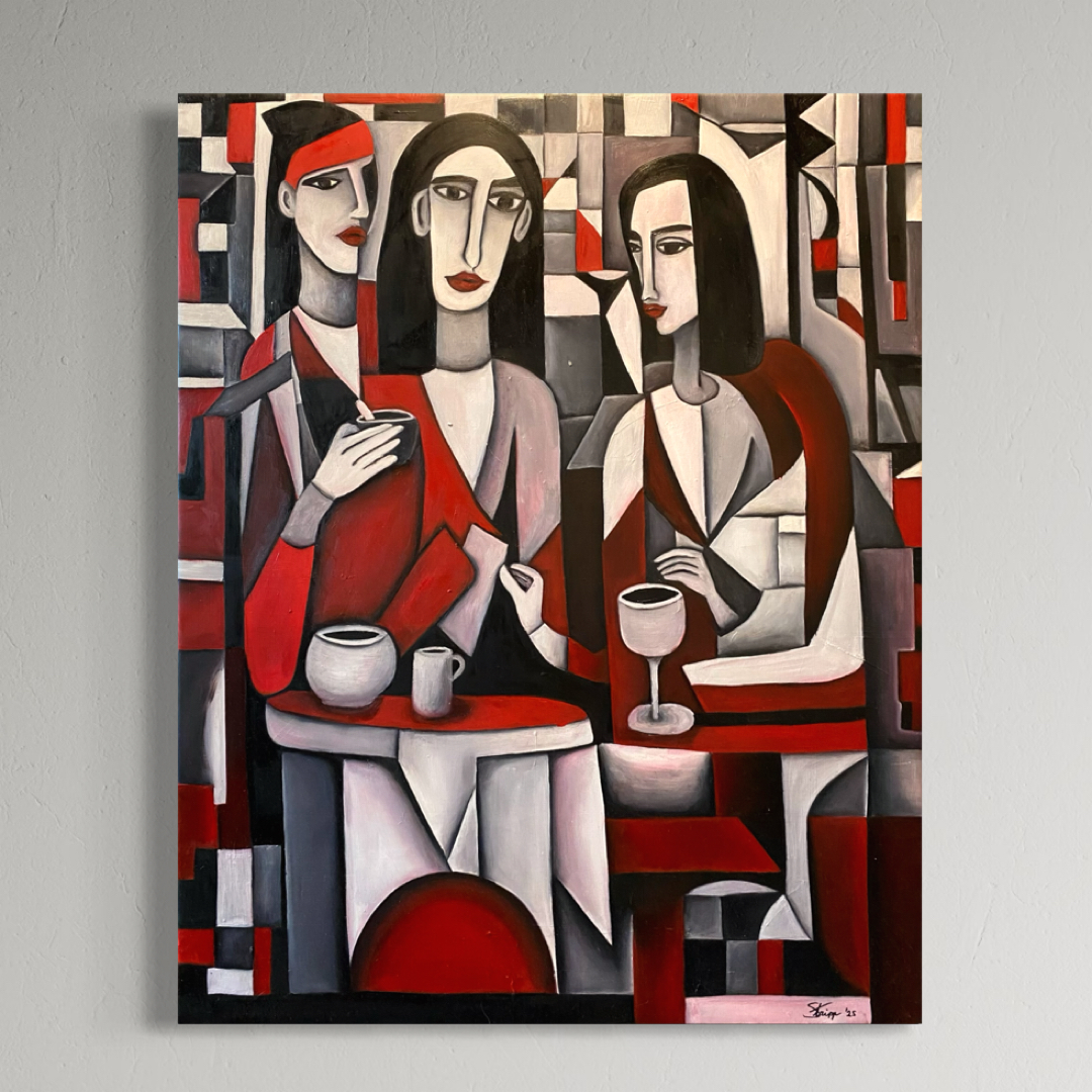 Dynamic figurative artwork featuring multiple figures engaged in a mischief. Titled 'The Three Sisiters' by Luke Edward Stripp.