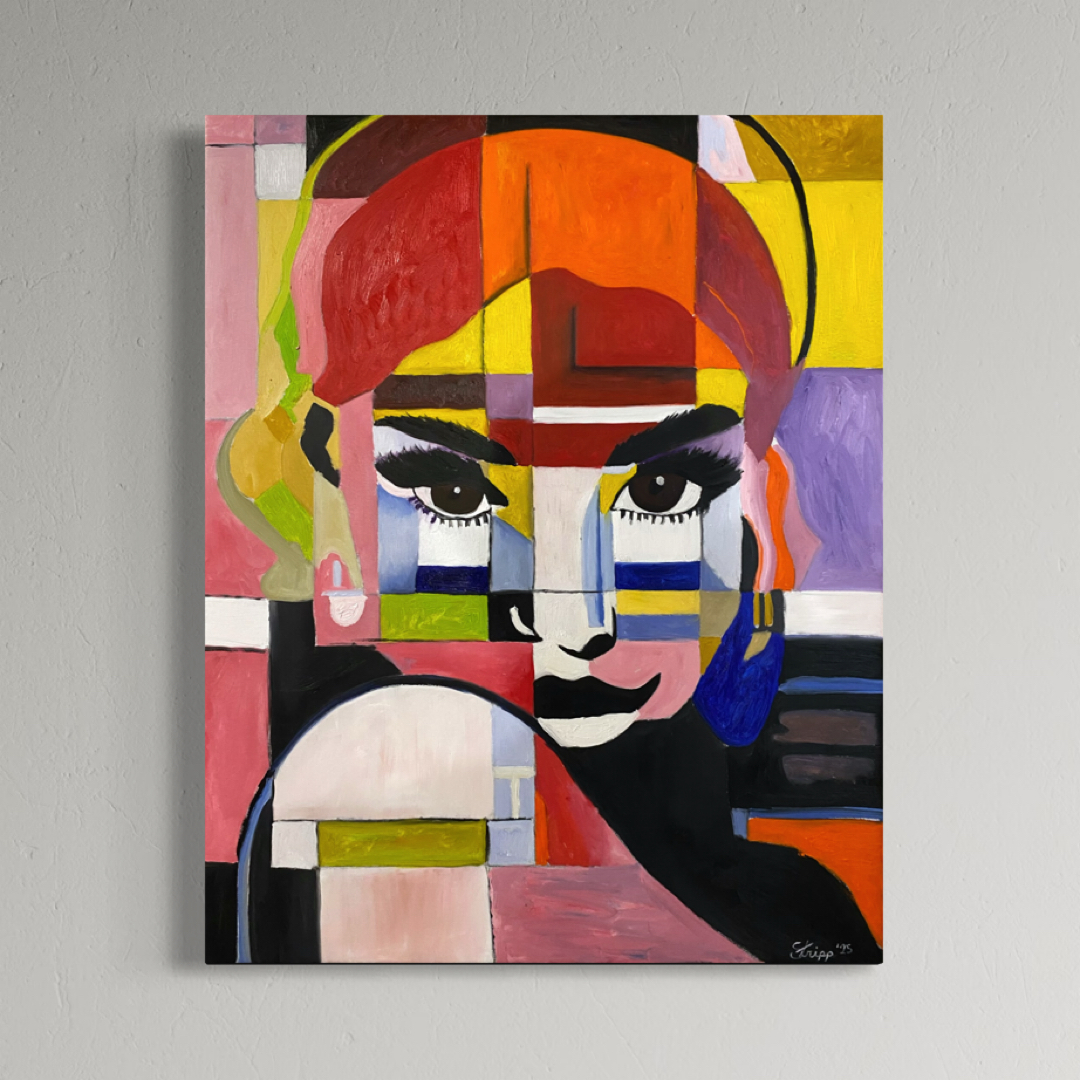 Geometric portrait oil painting titled 'Mysterious Mary' by Luke Edward Stripp.